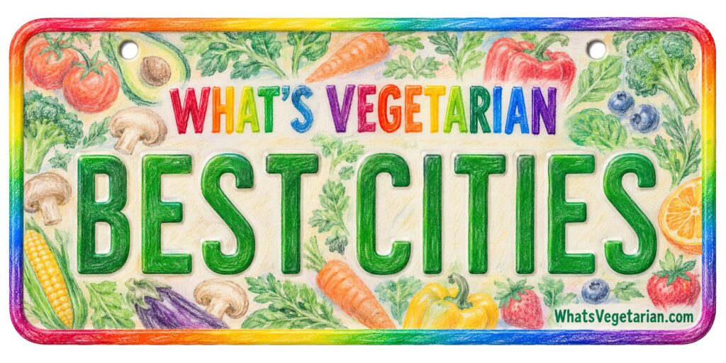 License plate graphic reading What's Vegetarian Best Cities