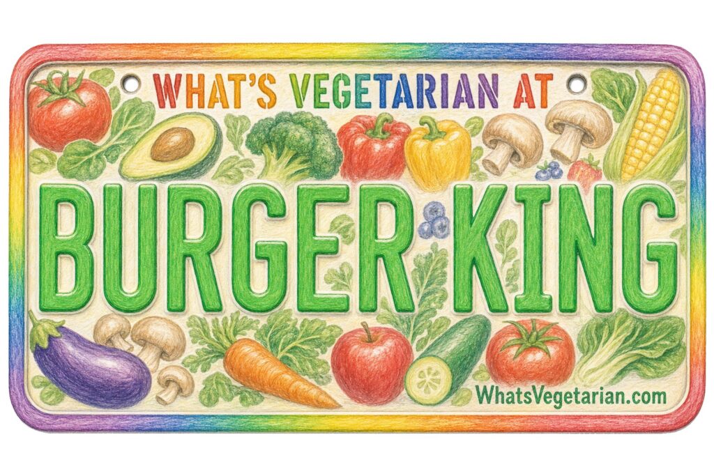Sign reading "What’s Vegetarian At Burger King" with colorful vegetables surrounding the large green lettering, framed by a rainbow border.