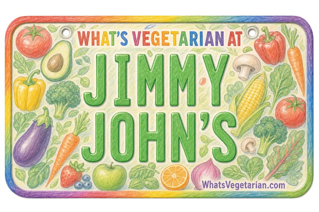 Colorful sign that asks “What’s Vegetarian at Jimmy John’s” with large green letters and surrounding vegetables, promoting vegetarian options.