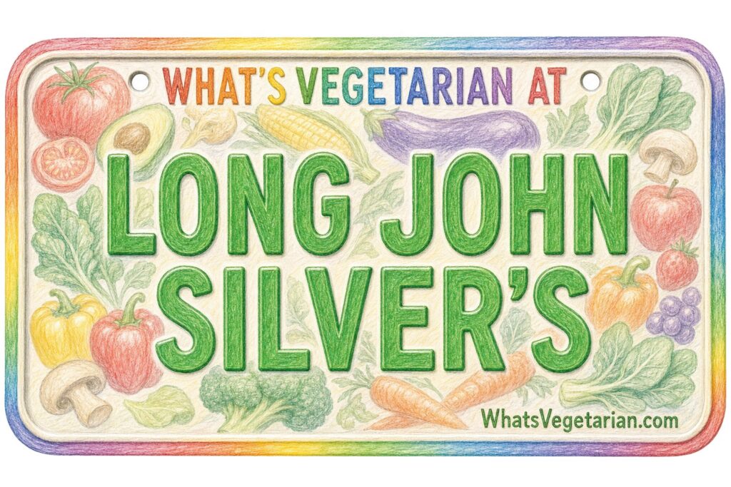 Colorful license-plate style sign reading 'What’s Vegetarian at Long John Silver’s' surrounded by vegetables.