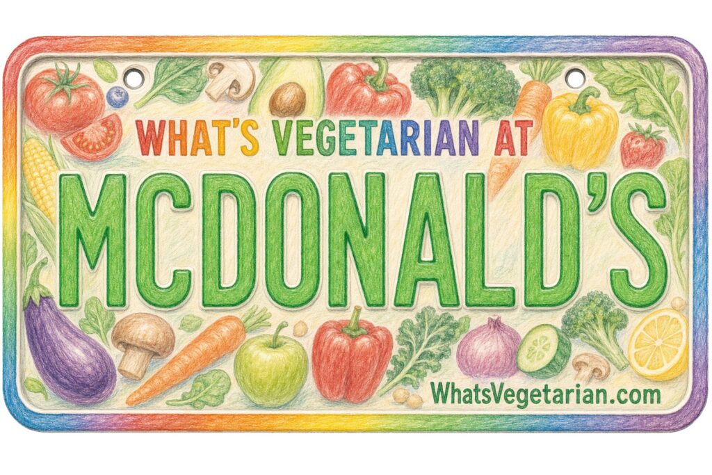Colorful McDonald’s sign framed by vegetables, reading "What’s Vegetarian at McDonald’s" with a veggie border.