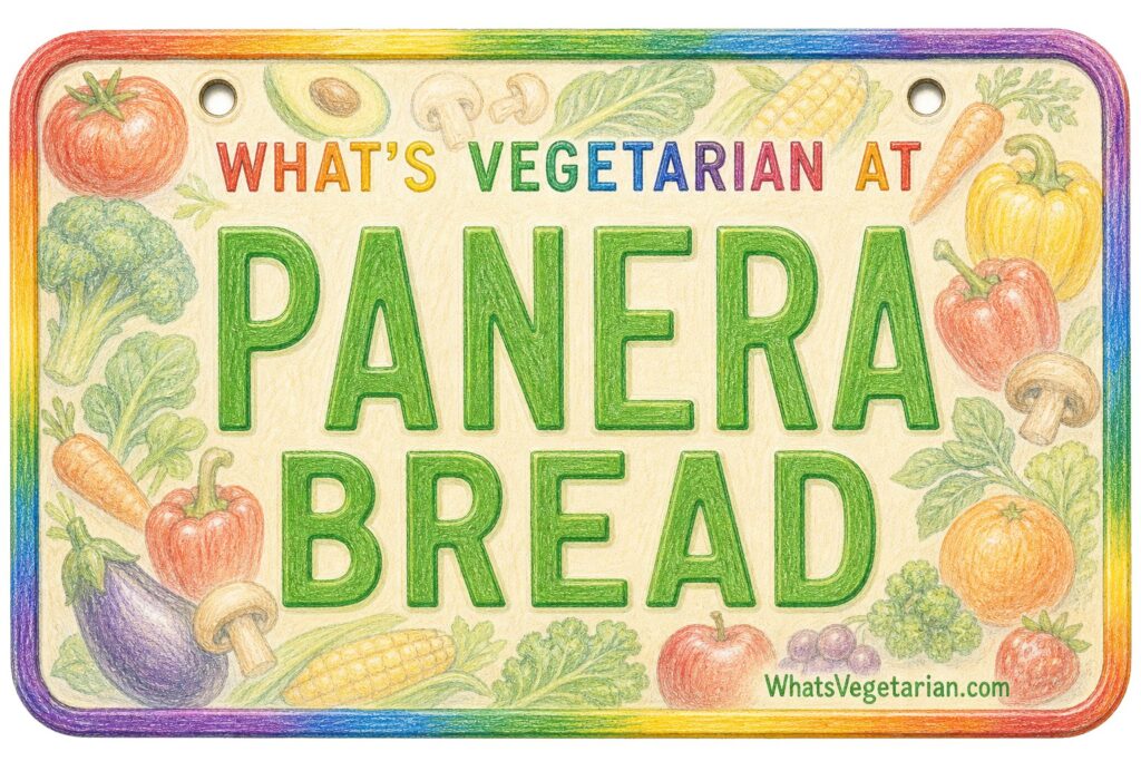 Panera Bread sign with a rainbow vegetable border and the text 'WHAT'S VEGETARIAN AT PANERA BREAD'