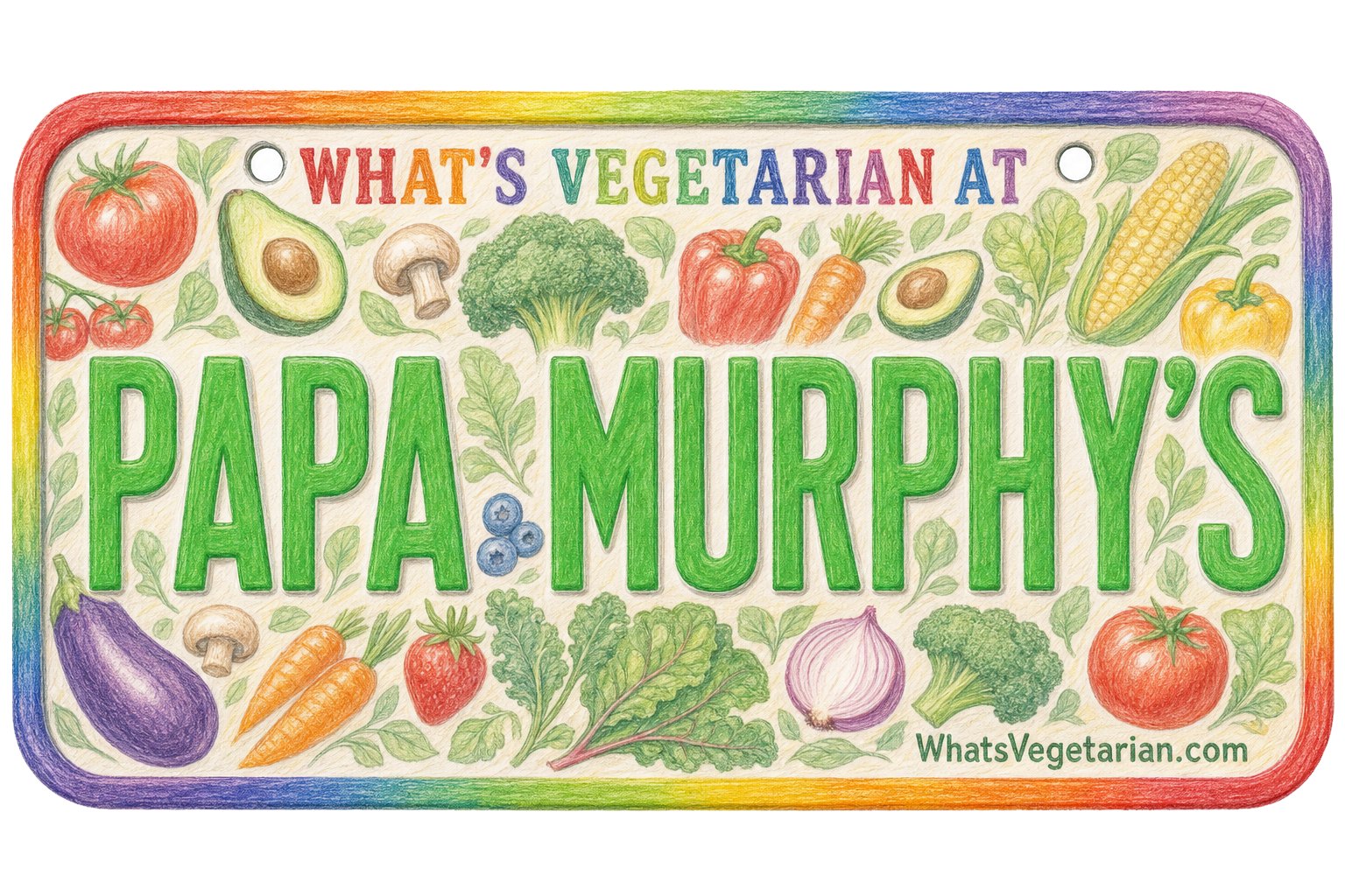Papa Murphys vegetarian options guide, the What's Vegetarian license plate graphic