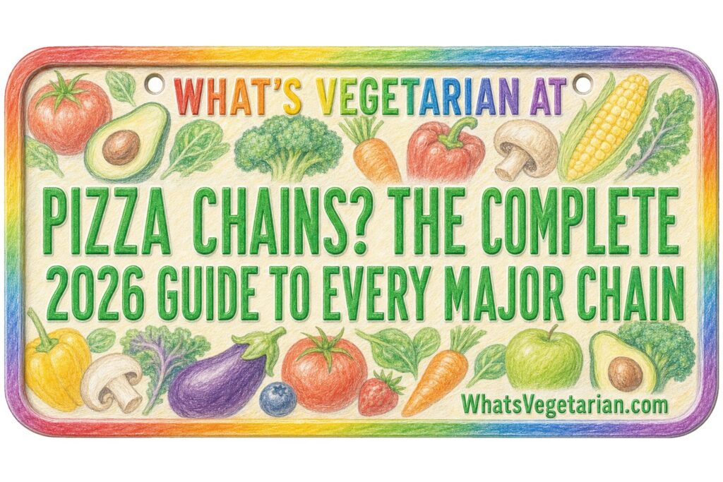 Poster-style Banner Asking 'what's Vegetarian at Pizza Chains?' with Colorful Border and Veggie Illustrations; Promotes a 2026 Guide to Major Chains' Vegetarian Options; Includes What'svegetarian.com Text.