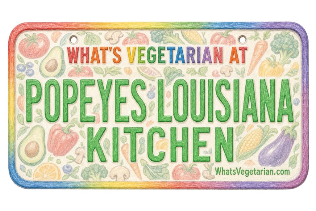 Colorful license-plate style sign reading “What’s Vegetarian at Popeyes Louisiana Kitchen” with vegetable drawings around and a rainbow border.