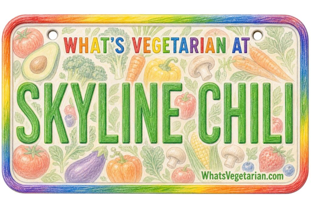 Colorful illustrated license plate reading 'What's Vegetarian at Skyline Chili' with vegetable drawings and a rainbow border.