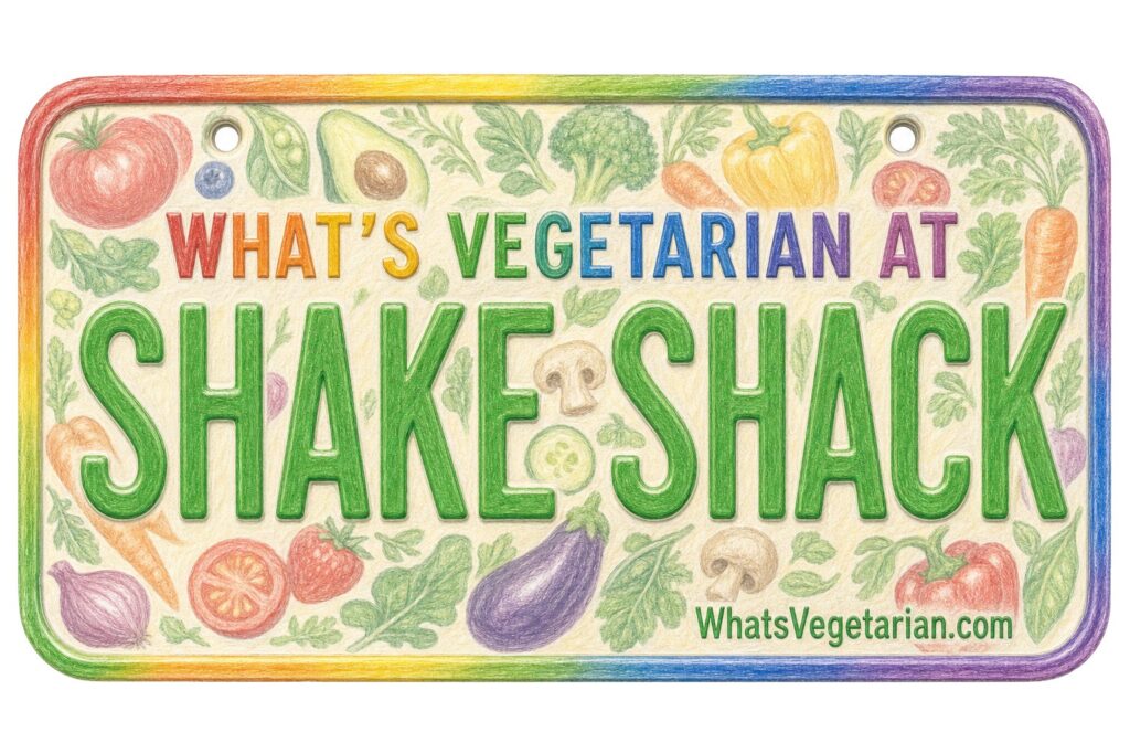 Sign announcing What’s Vegetarian at Shake Shack, with colorful vegetables decorating the border around a rainbow edge.