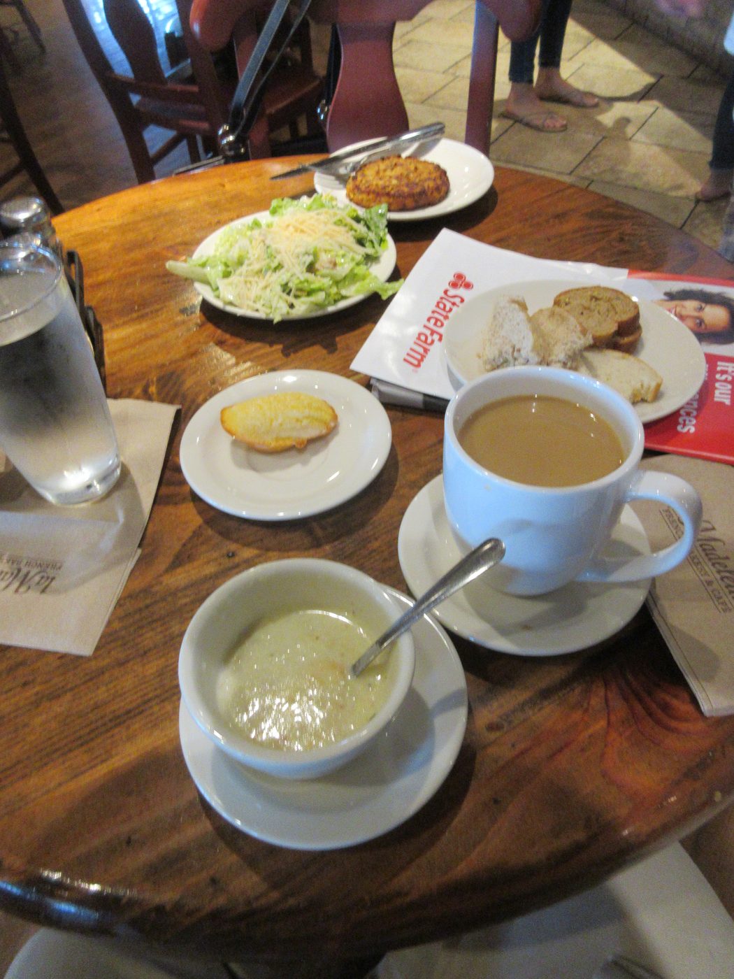 a Vegetarian Light Lunch at La Madeleine — a Cup of Soup, a Side Salad, and Fresh Bread