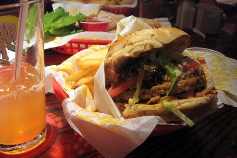 Red Robin Vegetarian Options: the Bleu Ribbon Veggie Burger with Veggie Patty, Onion Straws, Lettuce, and Tomato