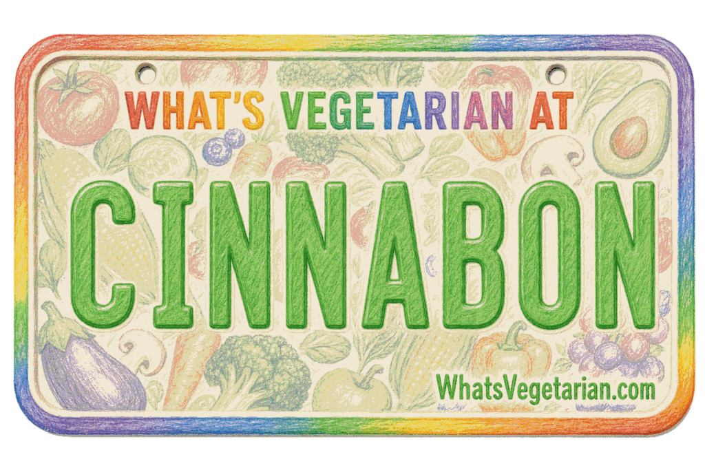 Cinnabon vegetarian options license plate graphic from WhatsVegetarian.com