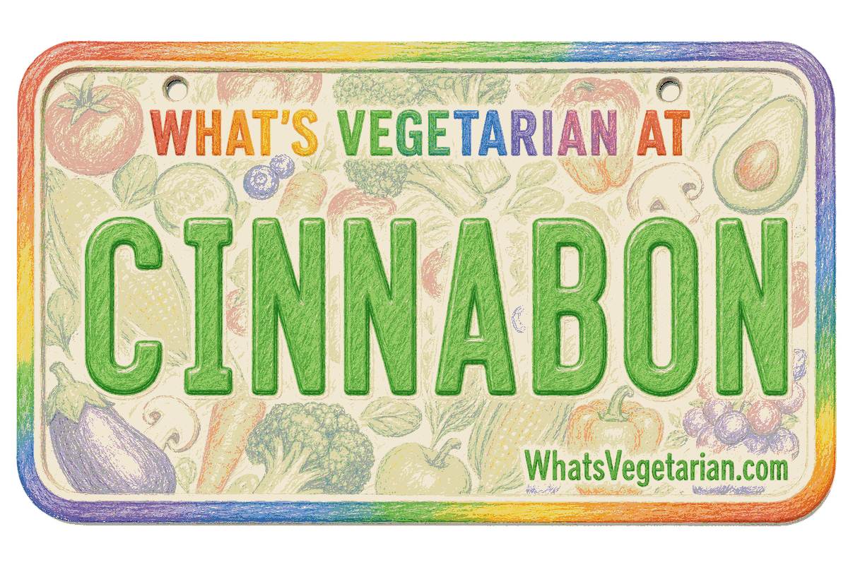 Cinnabon vegetarian options license plate graphic from WhatsVegetarian.com
