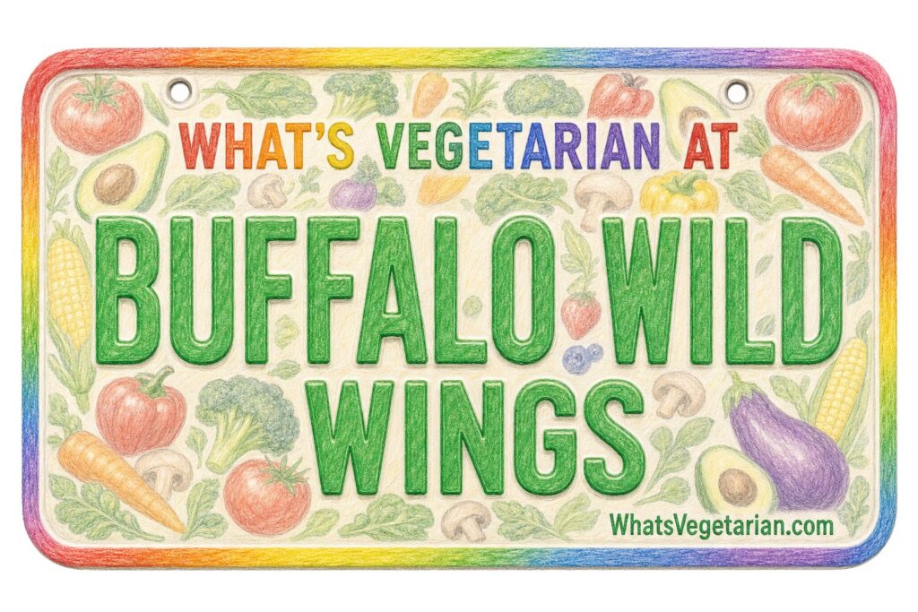 Colorful license-plate style sign reading 'WHAT'S VEGETARIAN AT BUFFALO WINGS' surrounded by vegetable drawings.