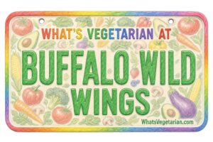 Colorful License-plate Style Sign Reading 'what's Vegetarian at Buffalo Wings' Surrounded by Vegetable Drawings.