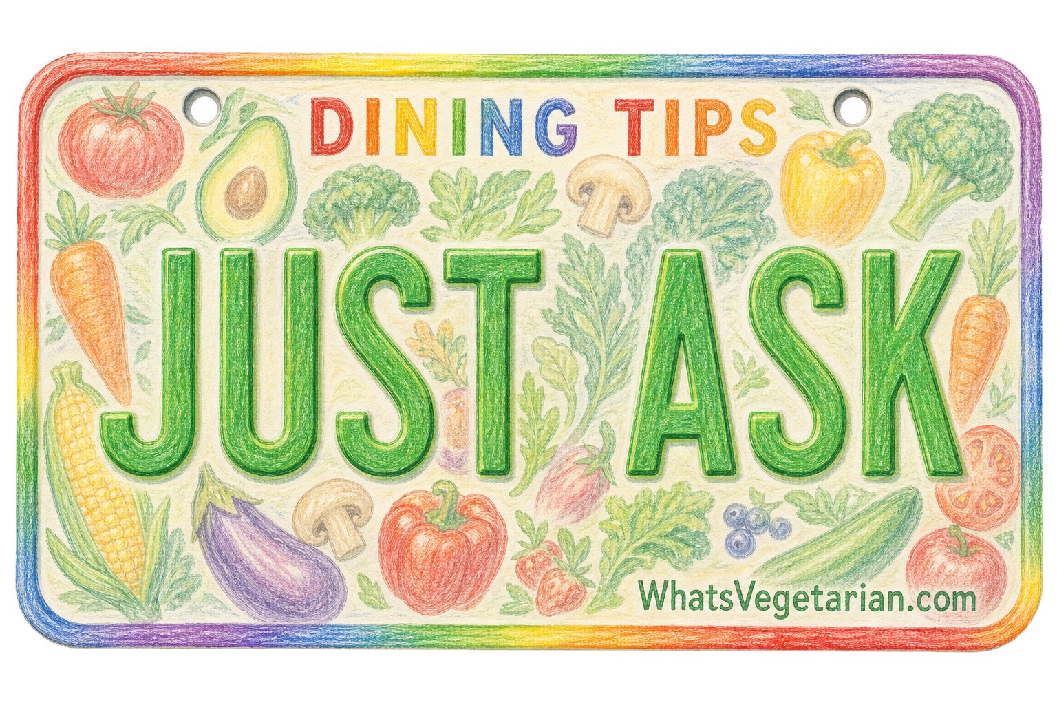 How to Communicate Dietary Preferences when Dining out License Plate Graphic - What's Vegetarian? How to Communicate Dietary Preferences when Dining Out, Shown As a Just Ask License Plate Graphic