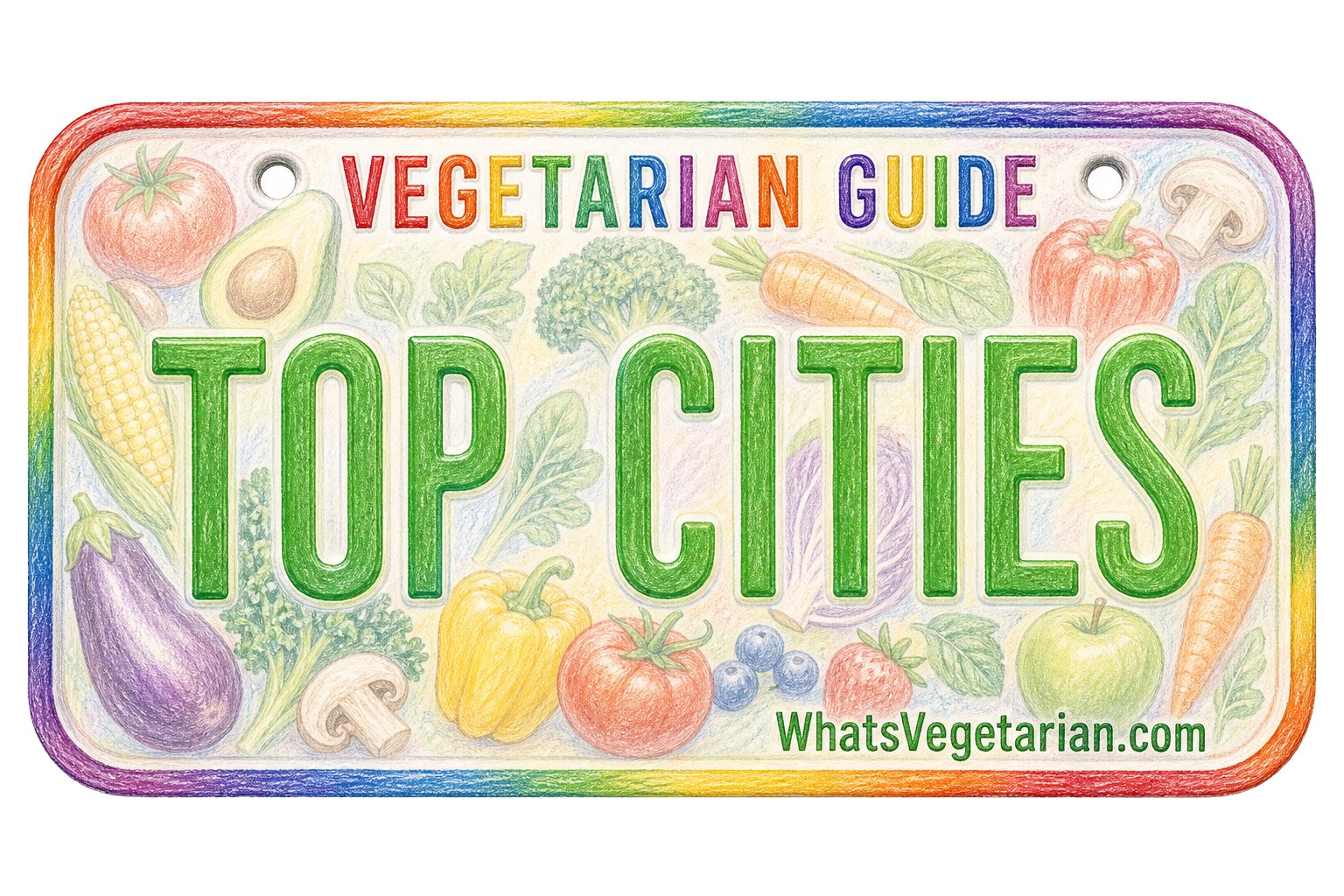 the Best Vegetarian Restaurants in Major Cities, Shown on a License Plate Graphic