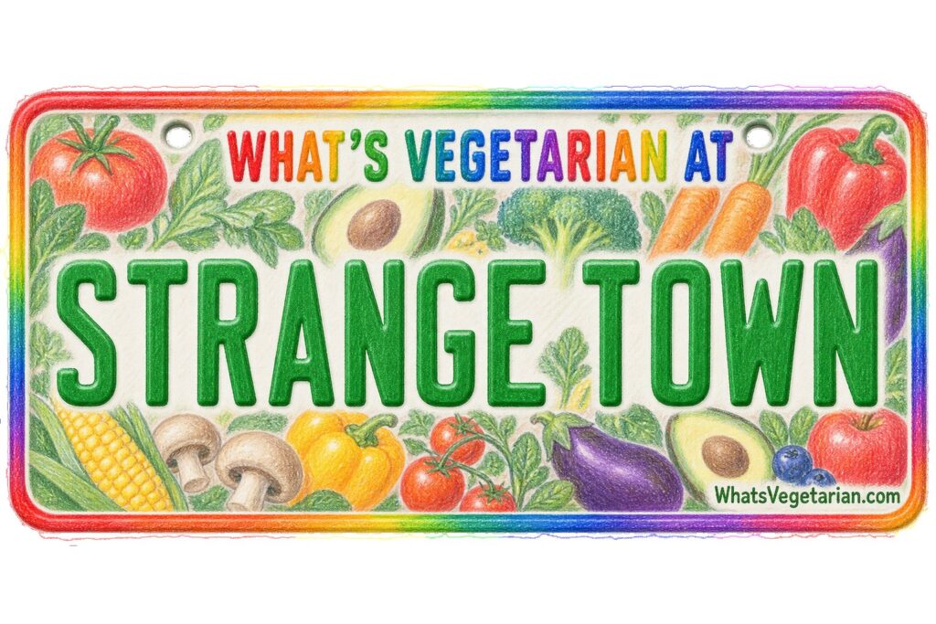 What's Vegetarian at Strange Town? license plate featured image