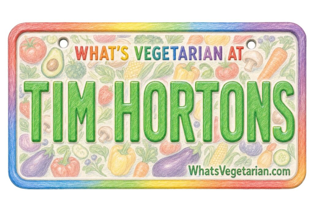 Colorful, plate-shaped sign reading WHAT'S VEGETARIAN AT TIM HORTONS, with vegetable illustrations and WhatsVegetarian.com at the bottom right.