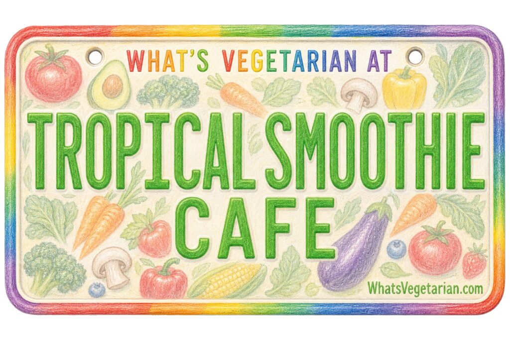 Colorful sign reading 'TROPICAL SMOOTHIE CAFE' with fruits and vegetables border around it, rainbow frame included.