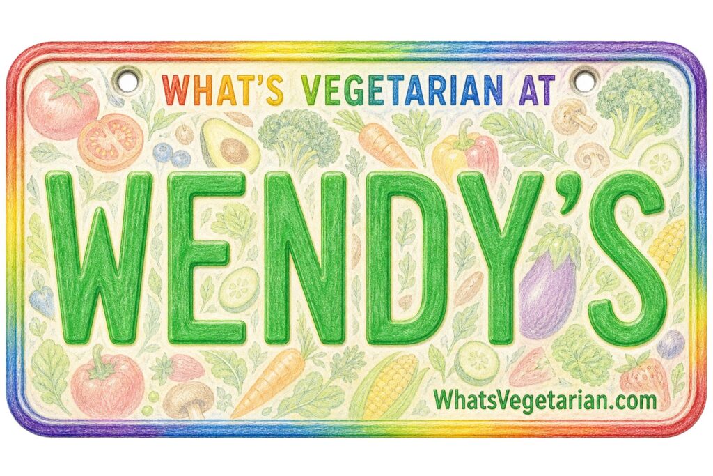 What's Vegetarian at Wendy's - What's Vegetarian? Colorful Sign for Wendy's with 'what's Vegetarian at Wendy's' and a Background of Vegetables, Plus What'svegetarian.com Text at the Bottom Right