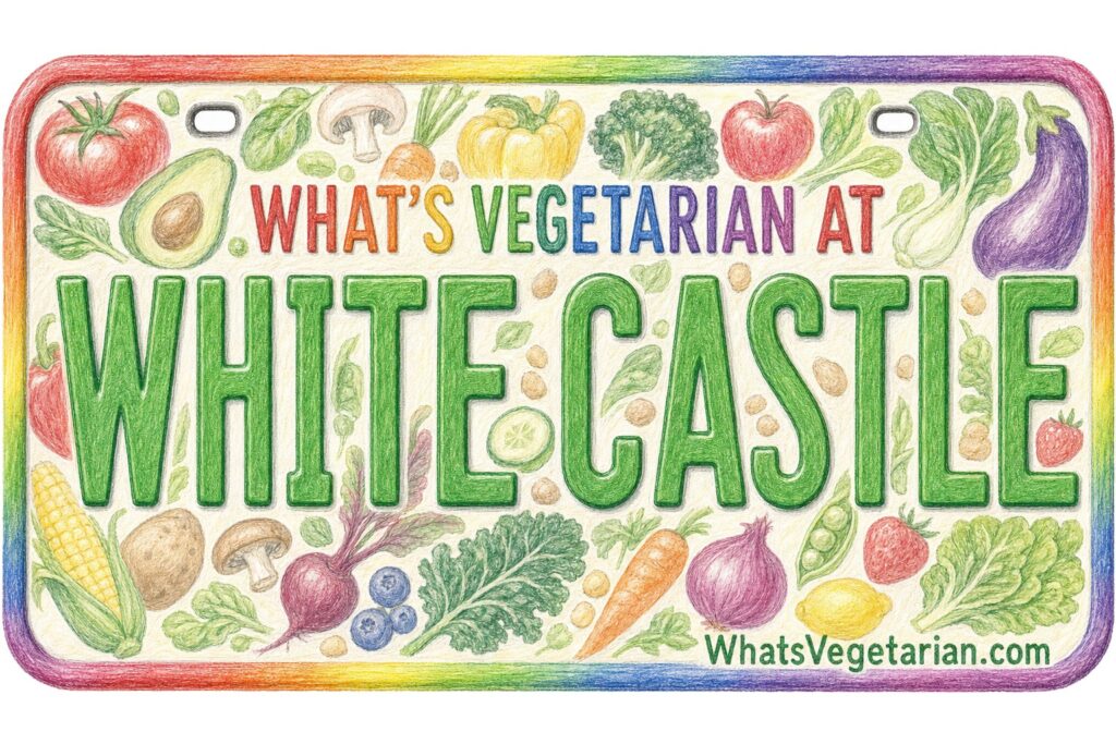 Colorful sign: "What’s Vegetarian at White Castle" surrounded by illustrated vegetables and a rainbow border, promoting veggie options at White Castle.
