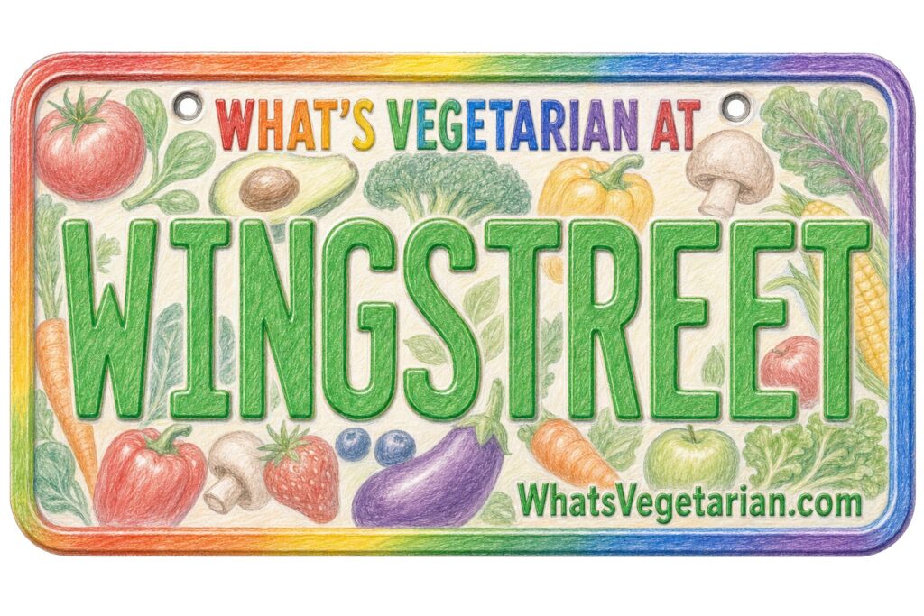 Colorful license plate that says "WHAT'S VEGETARIAN AT WINGSTREET" with vegetables around and a rainbow border; WhatsVegetarian.com at the bottom.