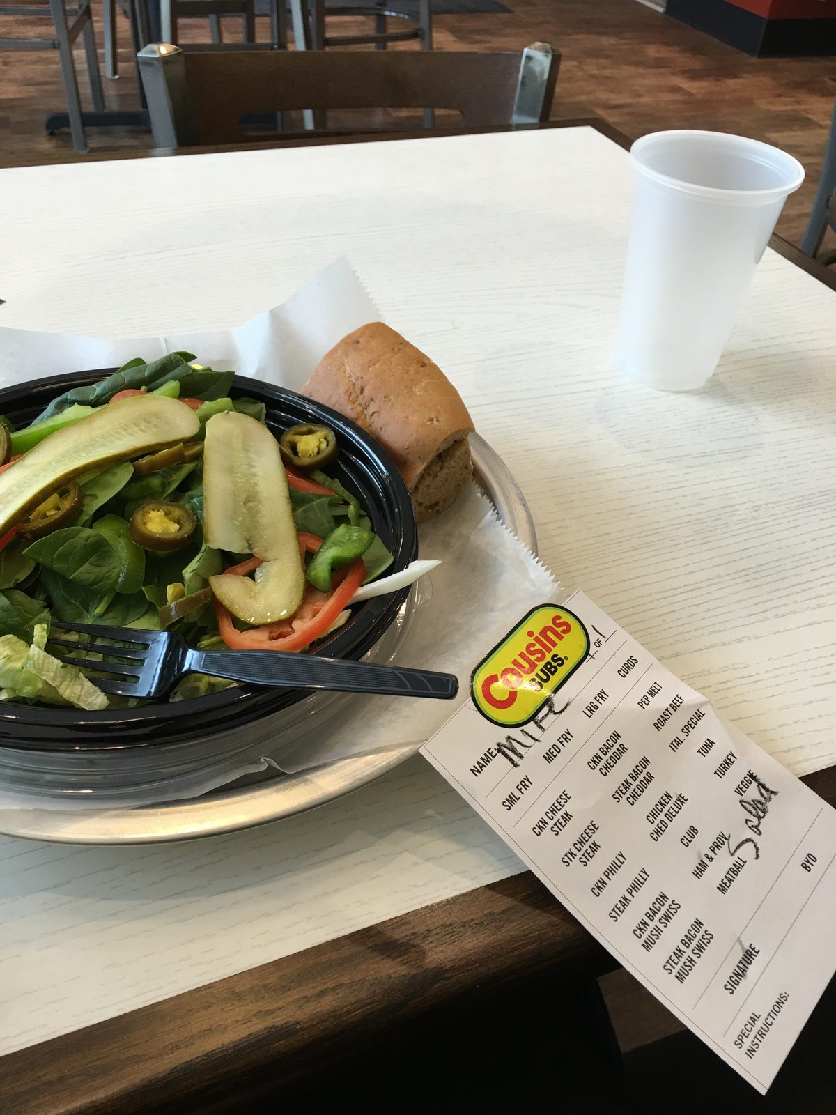 A first order showing Cousins Subs vegetarian options served on opening day in Manitowoc, Wisconsin