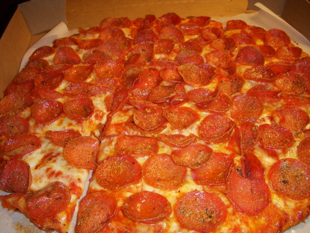 A pepperoni pizza from Donatos. This one isn't vegetarian, but the same crust and cheese work for the chain's build-your-own vegetable toppings.
