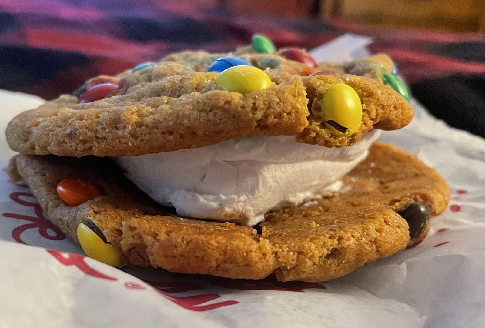 Great American Cookies vegetarian options include the M&M Double Doozie cookie cake sandwich