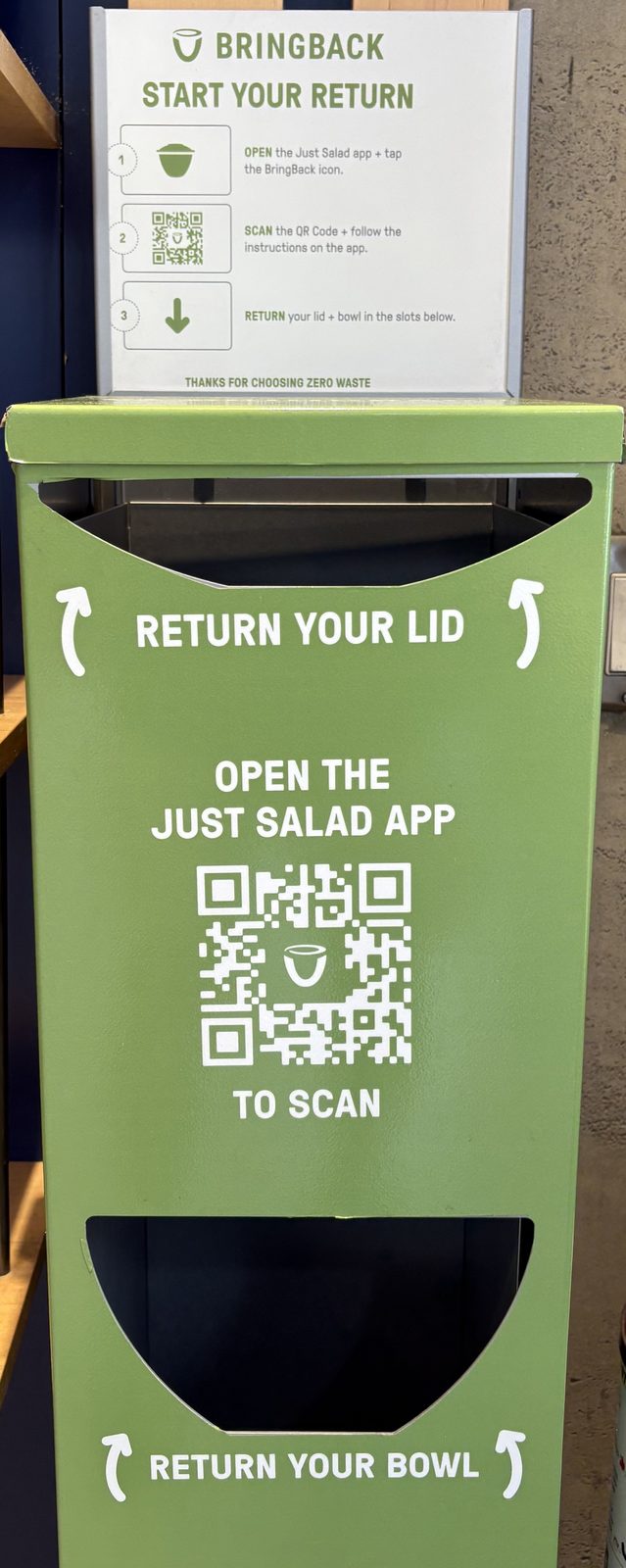 Just Salad vegetarian options include the reusable MyBowl return kiosk