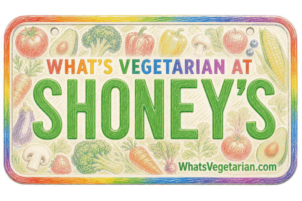 License plate graphic reading What's Vegetarian at Shoney's, from WhatsVegetarian.com