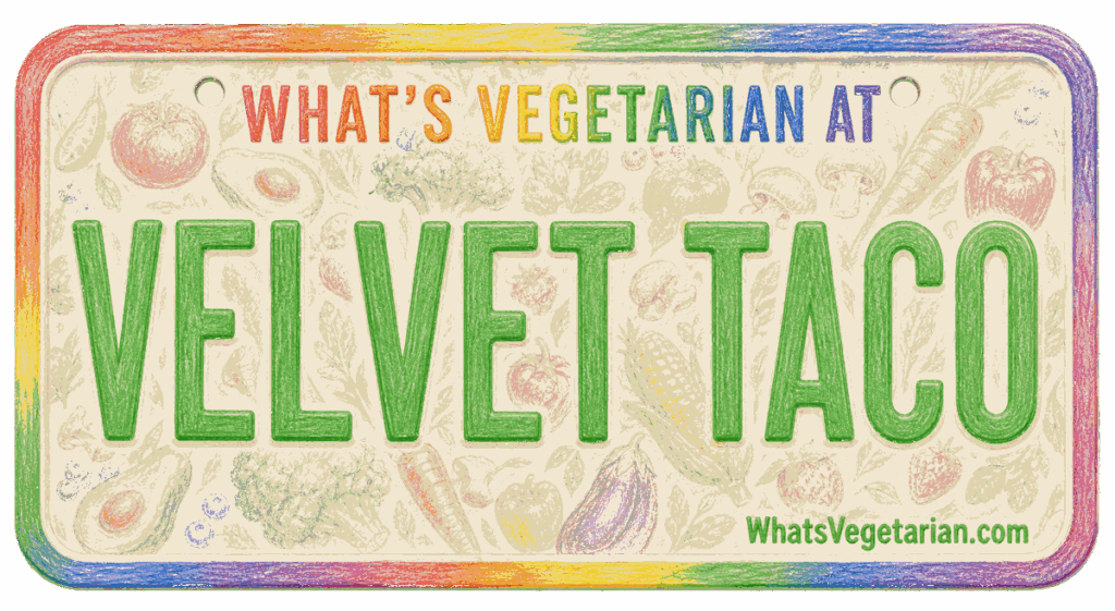 Velvet Taco vegetarian options license plate graphic for WhatsVegetarian.com