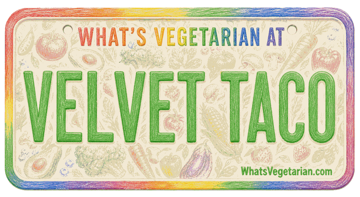 Velvet Taco vegetarian options license plate graphic for WhatsVegetarian.com