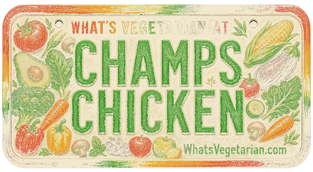License plate graphic reading What's Vegetarian at Champs Chicken, part of the Champs Chicken vegetarian options guide