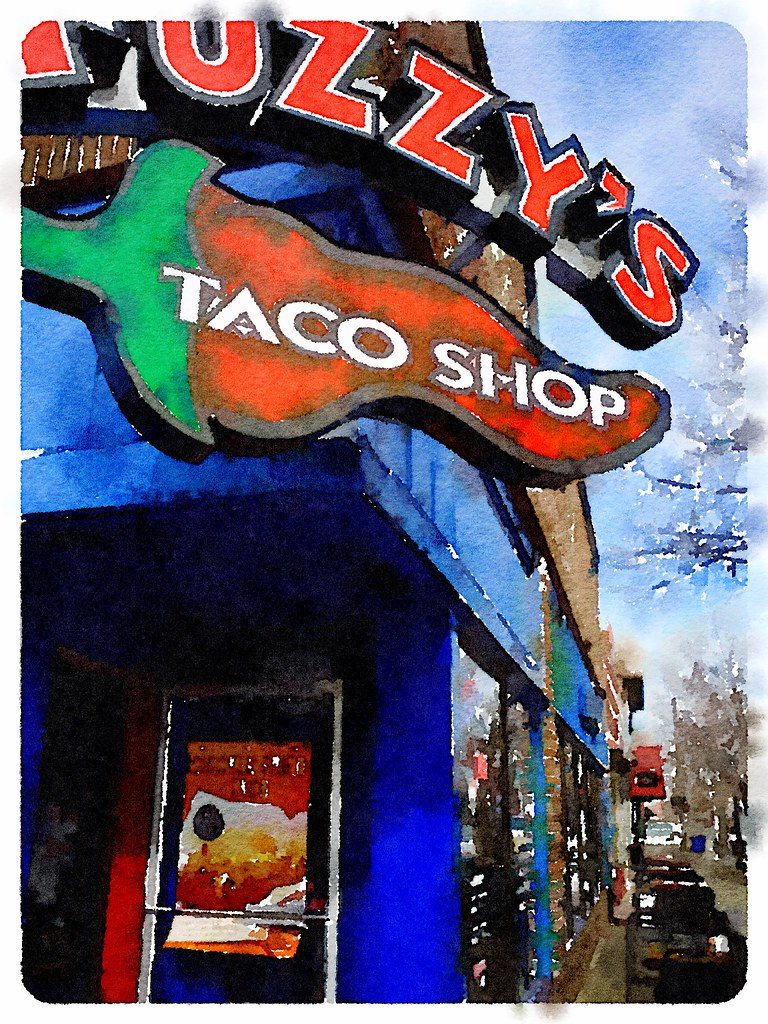 Fuzzy's Taco Shop storefront sign, where Fuzzy's Taco Shop vegetarian options include the Grilled Veggies Taco