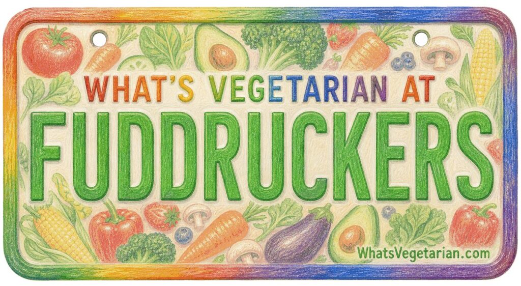 Fuddruckers vegetarian options license plate graphic