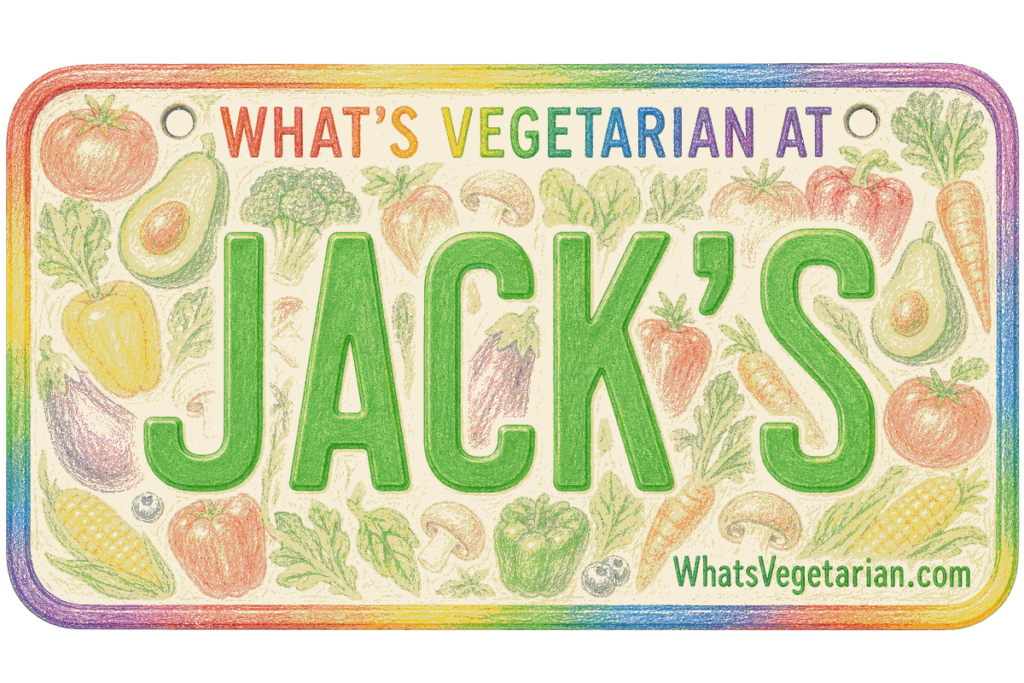 Jacks vegetarian options license plate graphic, WhatsVegetarian.com